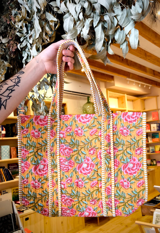 Handmade Cotton Quilted Jaipur Bag - Pink & Yellow Flowers