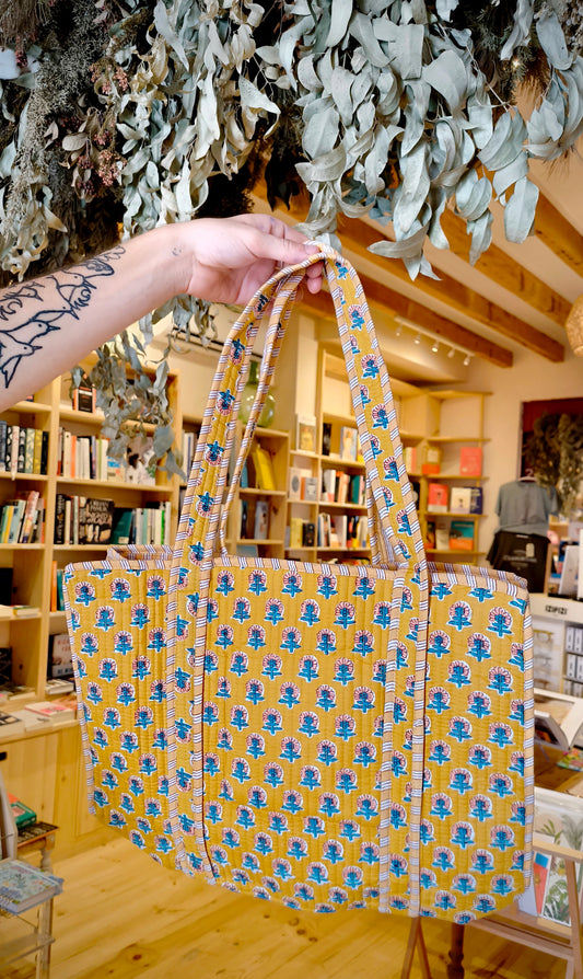 Handmade Cotton Quilted Jaipur Bag - Mustard Flowers
