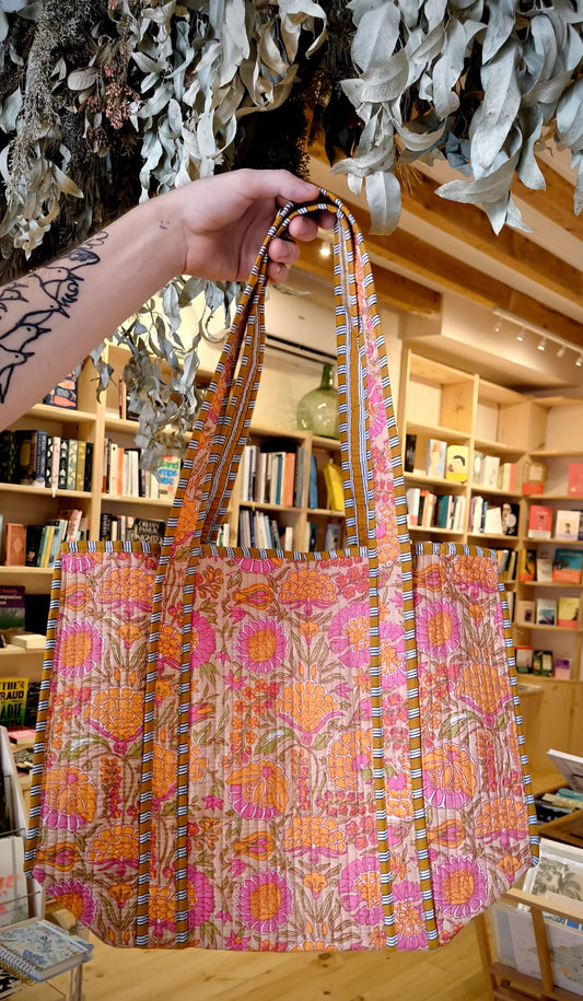 Handmade Cotton Quilted Jaipur Bag - Orange & Red Flowers