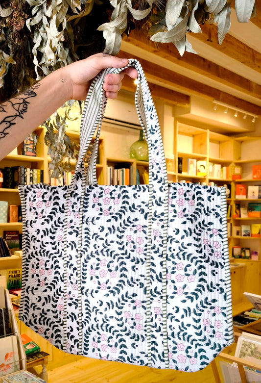 Handmade Cotton Quilted Jaipur Bag - White Flowers